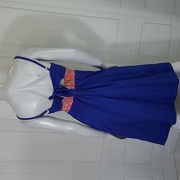 Anthropologie Edme & Esyllte  SZ 4 Blue Orange Cotton Silk A Line Summer - Picture 3 of 12